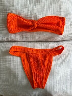 Bright Orange Textured Bikini Set - Strapless Top & High-Cut Bottoms